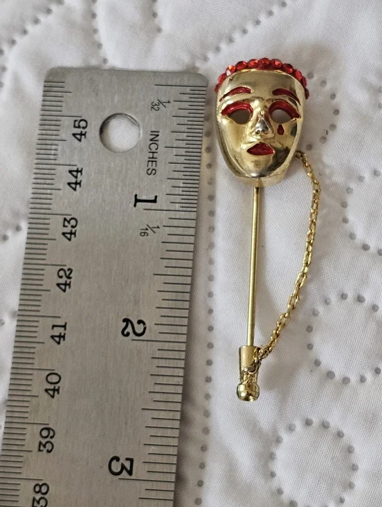 Vintage Gold Tone Comedy Tragedy Mask Stick Pin Red And Gold, 2.5" Theatercore - Picture 7 of 8